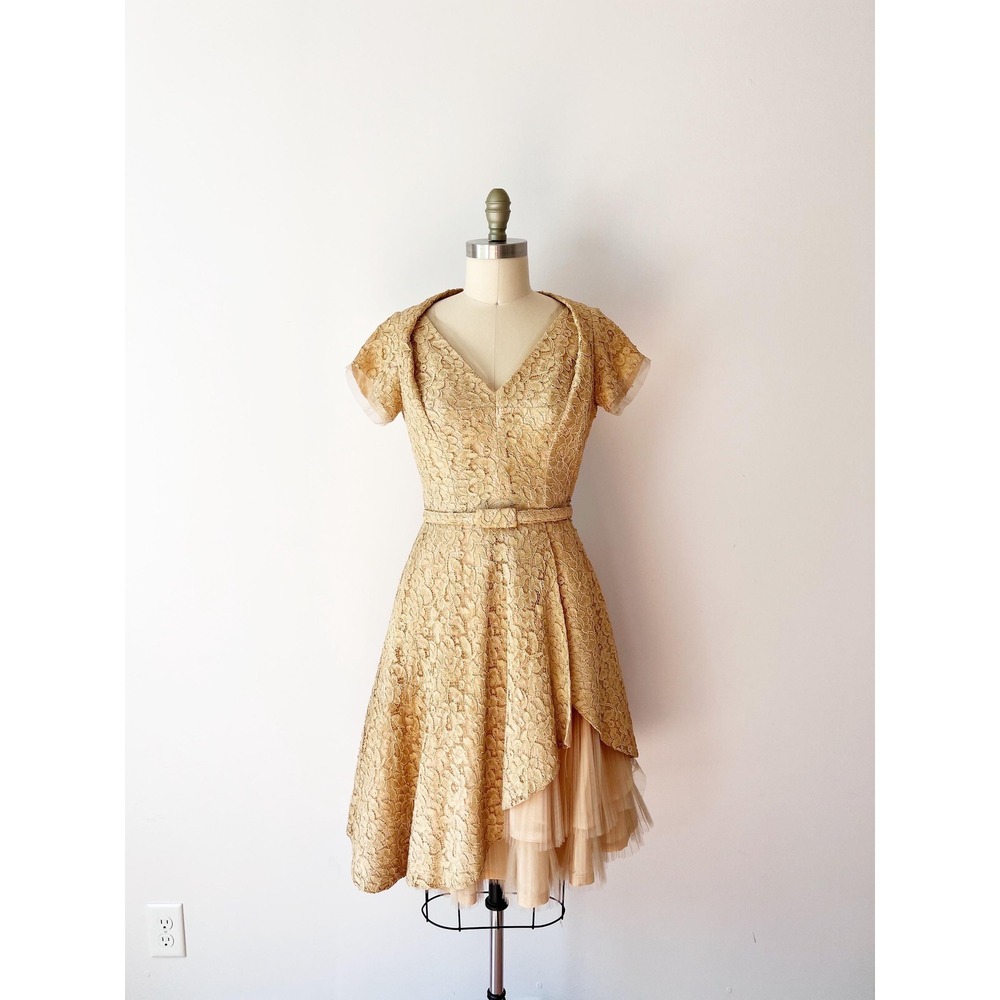 Vintage 1950s Gold Lace Tulle Cocktail Dress Jeanne Hardy Creations Small